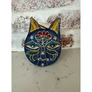 Hand Carved Wood Cat Face Box Covered in Hand Dyed Batik